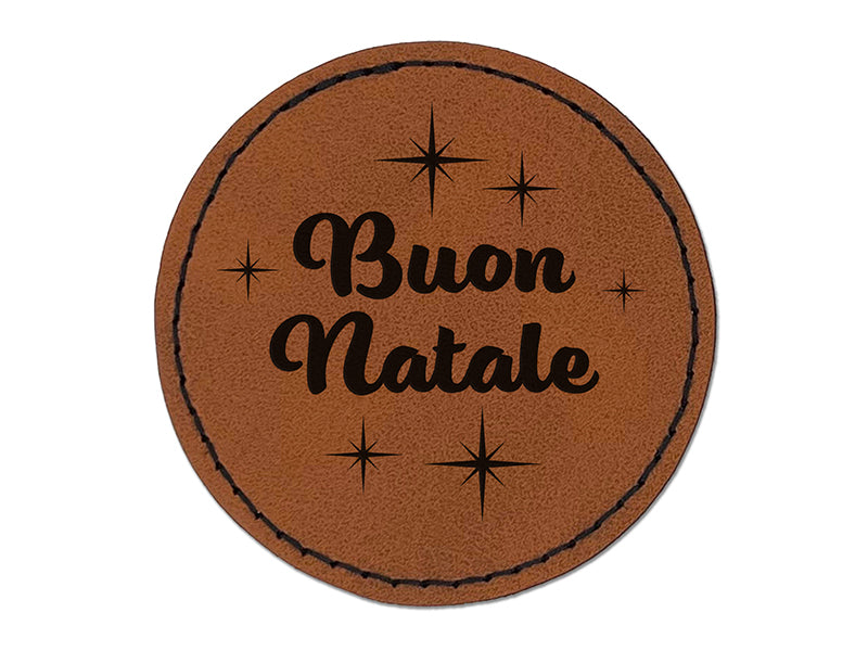 Buon Natale Merry Christmas Italian Starburst Round Iron-On Engraved Faux Leather Patch Applique - 2.5"