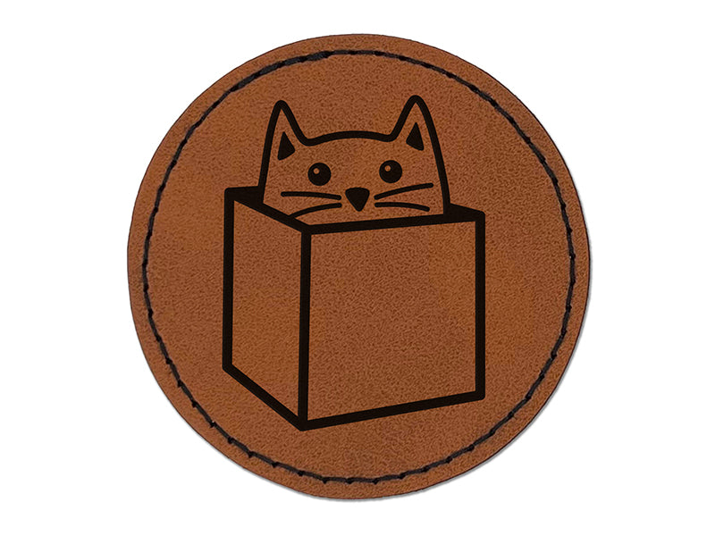 Cat in Box Round Iron-On Engraved Faux Leather Patch Applique - 2.5"