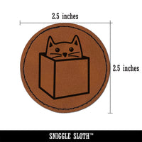 Cat in Box Round Iron-On Engraved Faux Leather Patch Applique - 2.5"