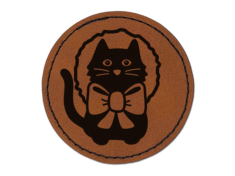 Cat in Christmas Wreath Round Iron-On Engraved Faux Leather Patch Applique - 2.5"