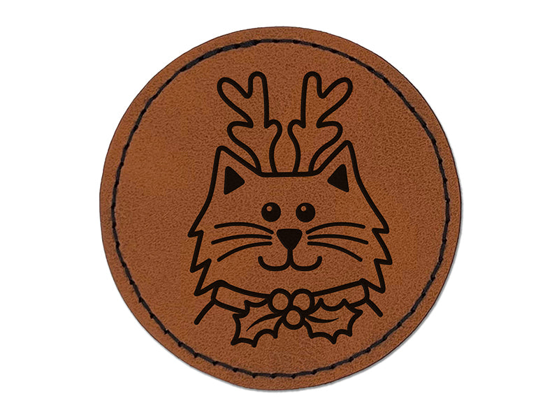 Cat Reindeer Christmas Round Iron-On Engraved Faux Leather Patch Applique - 2.5"