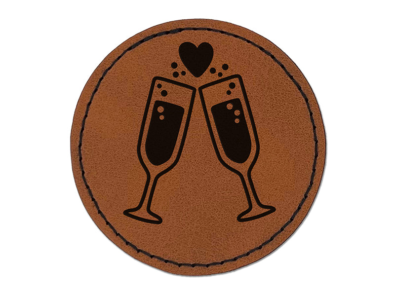 Cheers Toast Champagne Heart Love Wedding Anniversary Round Iron-On Engraved Faux Leather Patch Applique - 2.5"