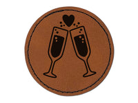 Cheers Toast Champagne Heart Love Wedding Anniversary Round Iron-On Engraved Faux Leather Patch Applique - 2.5"
