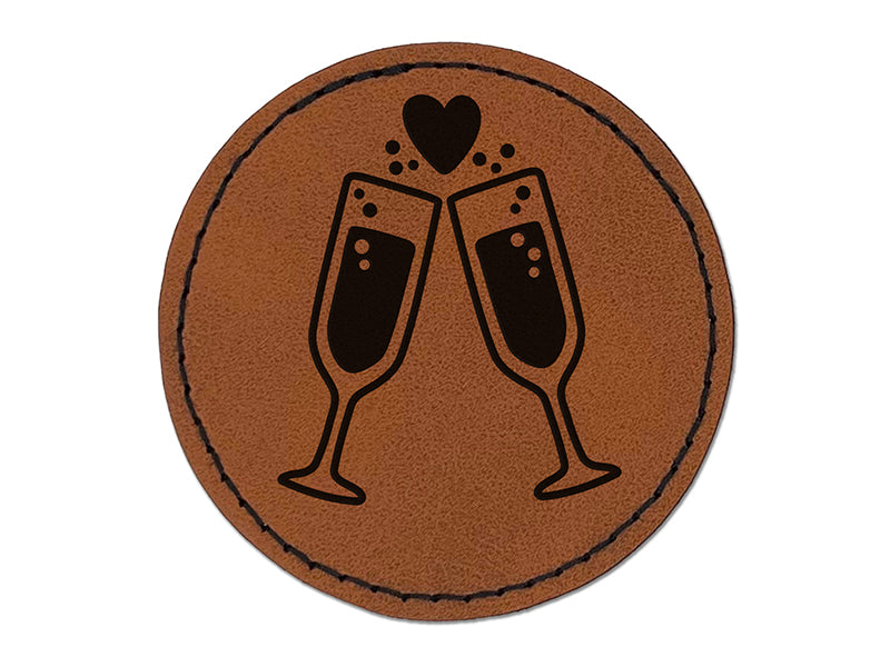 Cheers Toast Champagne Heart Love Wedding Anniversary Round Iron-On Engraved Faux Leather Patch Applique - 2.5"