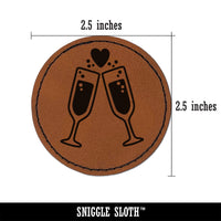 Cheers Toast Champagne Heart Love Wedding Anniversary Round Iron-On Engraved Faux Leather Patch Applique - 2.5"