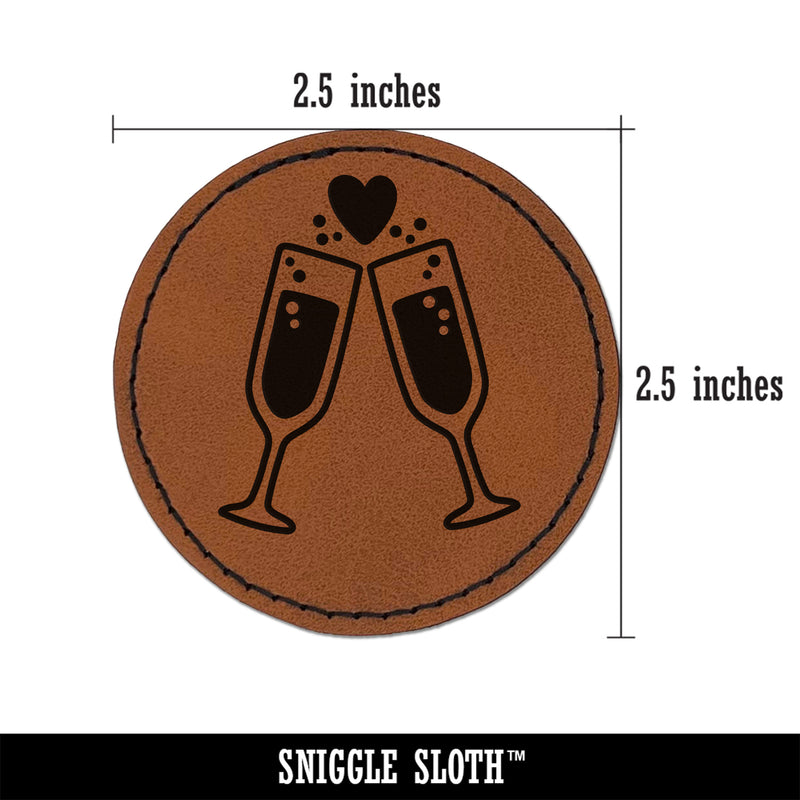 Cheers Toast Champagne Heart Love Wedding Anniversary Round Iron-On Engraved Faux Leather Patch Applique - 2.5"