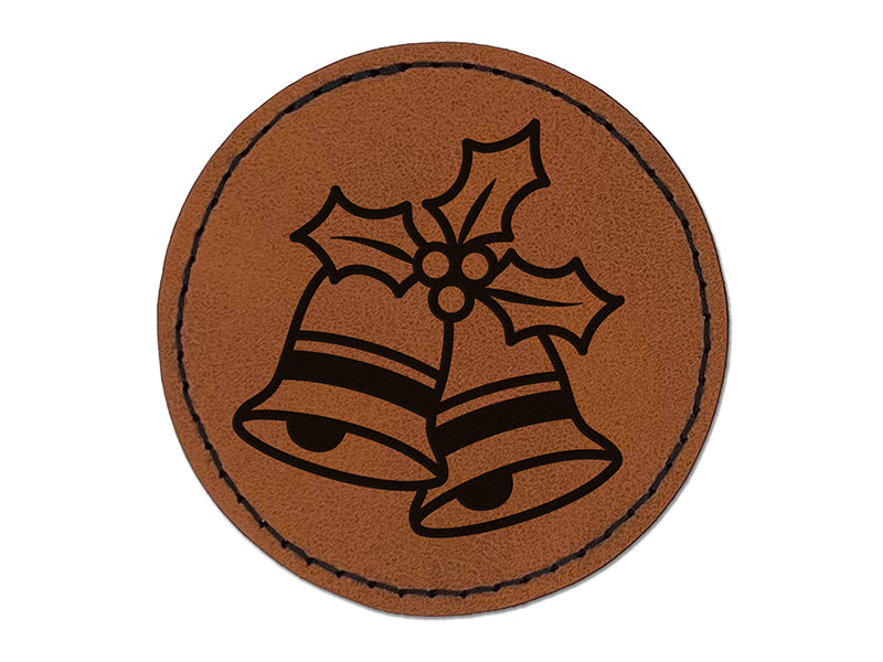 Christmas Bells Round Iron-On Engraved Faux Leather Patch Applique - 2.5"