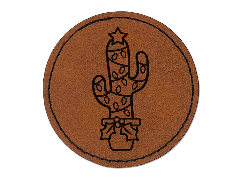 Christmas Cactus with Lights Star Round Iron-On Engraved Faux Leather Patch Applique - 2.5"