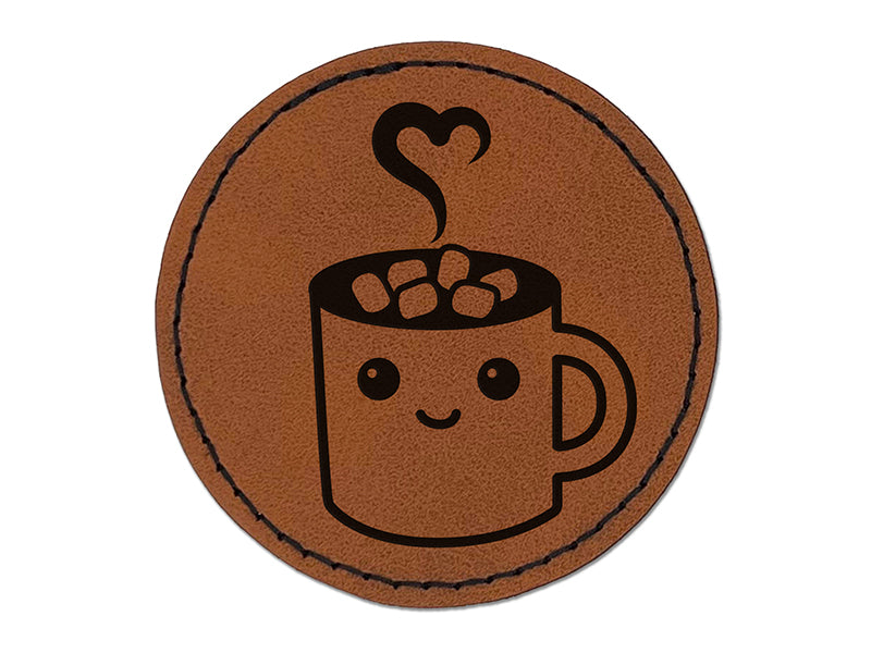 Cute Kawaii Hot Chocolate Round Iron-On Engraved Faux Leather Patch Applique - 2.5"