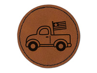 Cute Truck with Flag Round Iron-On Engraved Faux Leather Patch Applique - 2.5"