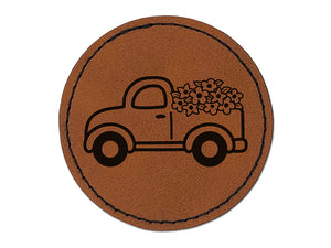 Cute Truck with Flowers Round Iron-On Engraved Faux Leather Patch Applique - 2.5"