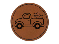 Cute Truck with Hearts Round Iron-On Engraved Faux Leather Patch Applique - 2.5"