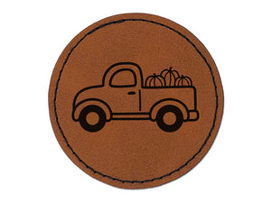 Cute Truck with Pumpkins Fall Harvest Round Iron-On Engraved Faux Leather Patch Applique - 2.5"