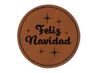 Feliz Navidad Merry Christmas Starburst Round Iron-On Engraved Faux Leather Patch Applique - 2.5"