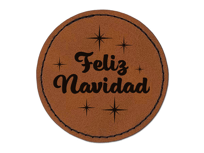 Feliz Navidad Merry Christmas Starburst Round Iron-On Engraved Faux Leather Patch Applique - 2.5"