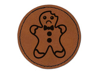 Gingerbread Man Sad Eaten Cookie Christmas Round Iron-On Engraved Faux Leather Patch Applique - 2.5"