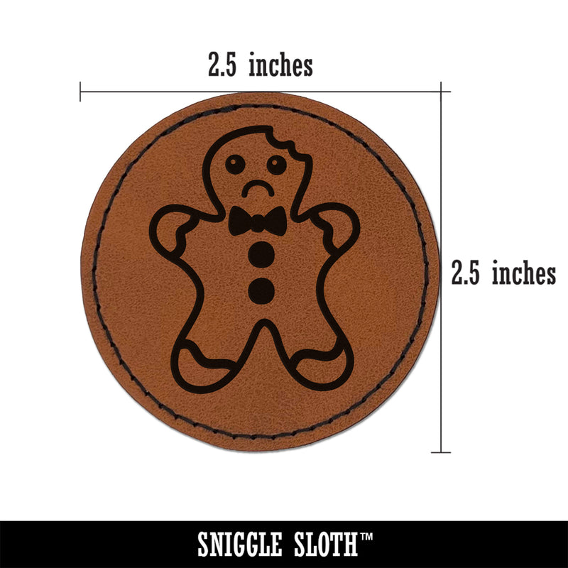 Gingerbread Man Sad Eaten Cookie Christmas Round Iron-On Engraved Faux Leather Patch Applique - 2.5"