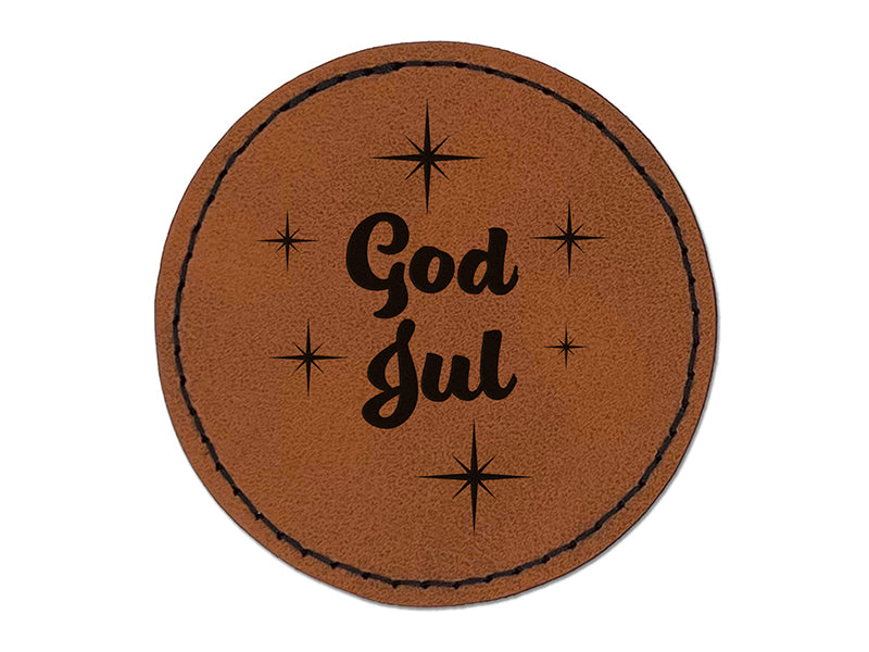 God Jul Norwegian Merry Christmas Starburst Round Iron-On Engraved Faux Leather Patch Applique - 2.5"