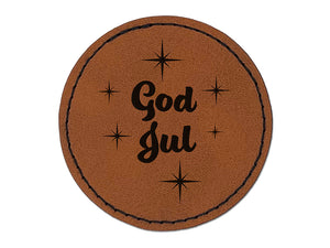 God Jul Norwegian Merry Christmas Starburst Round Iron-On Engraved Faux Leather Patch Applique - 2.5"