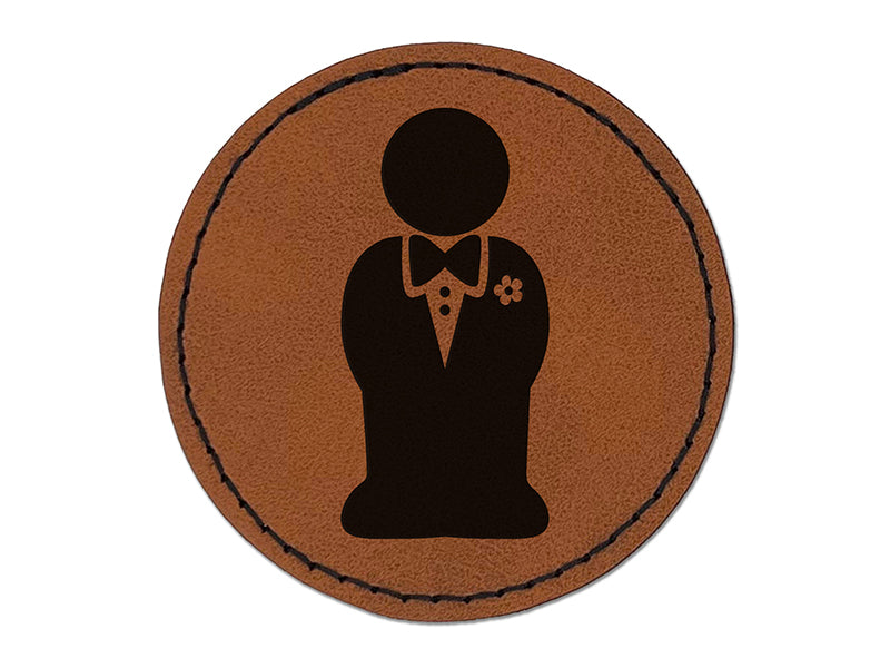Groom Symbol Wedding Round Iron-On Engraved Faux Leather Patch Applique - 2.5"