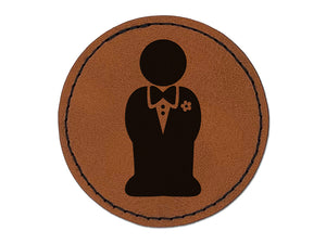 Groom Symbol Wedding Round Iron-On Engraved Faux Leather Patch Applique - 2.5"