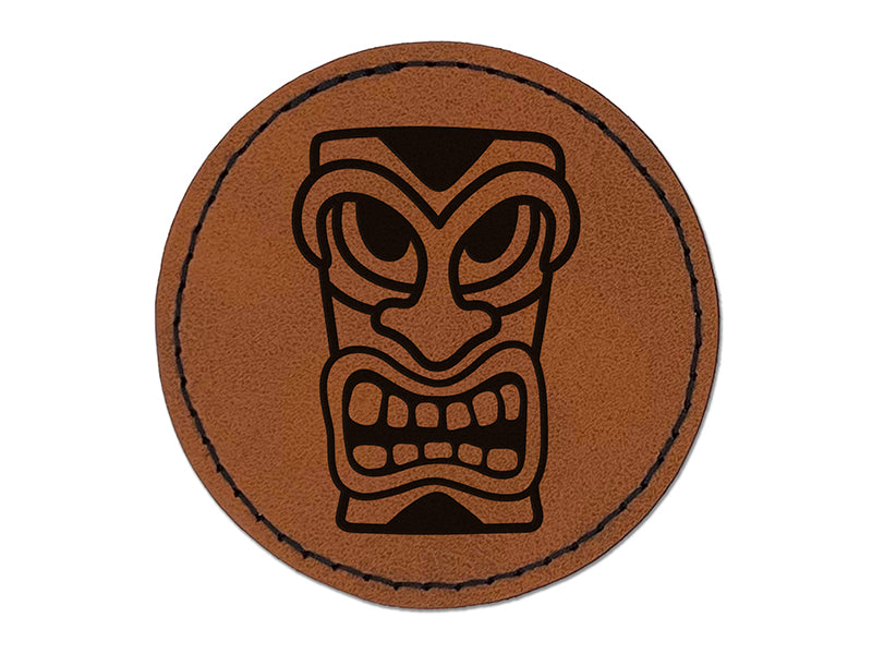 Hawaiian Tiki Head Round Iron-On Engraved Faux Leather Patch Applique - 2.5"