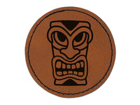 Hawaiian Tiki Head Round Iron-On Engraved Faux Leather Patch Applique - 2.5"