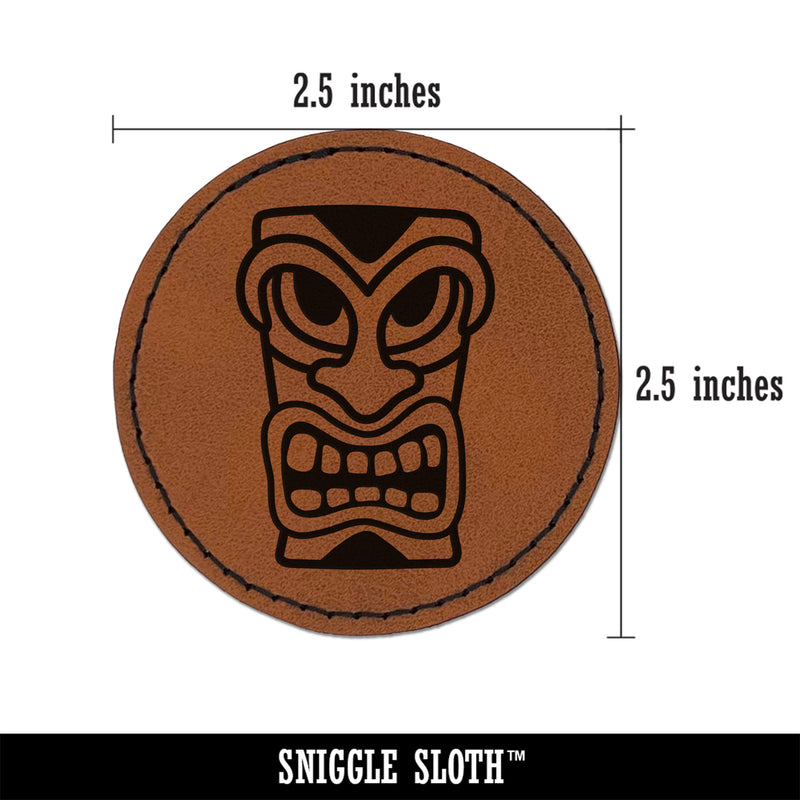 Hawaiian Tiki Head Round Iron-On Engraved Faux Leather Patch Applique - 2.5"