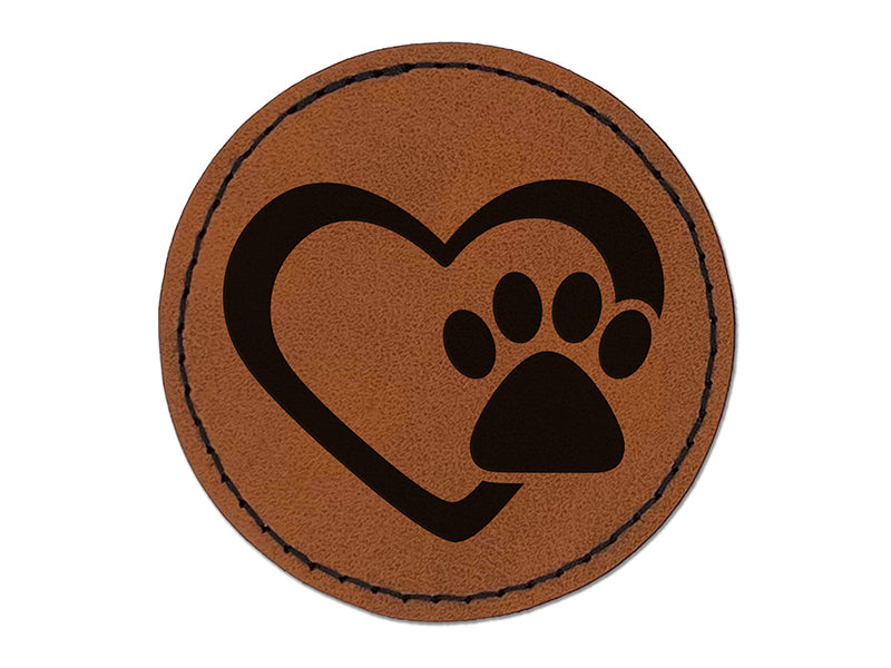 Heart with Paw Print Round Iron-On Engraved Faux Leather Patch Applique - 2.5"