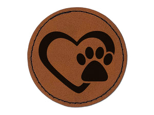 Heart with Paw Print Round Iron-On Engraved Faux Leather Patch Applique - 2.5"