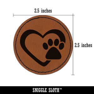 Heart with Paw Print Round Iron-On Engraved Faux Leather Patch Applique - 2.5"