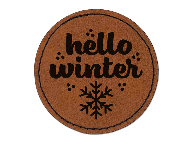 Hello Winter Round Iron-On Engraved Faux Leather Patch Applique - 2.5"