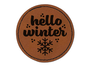 Hello Winter Round Iron-On Engraved Faux Leather Patch Applique - 2.5"