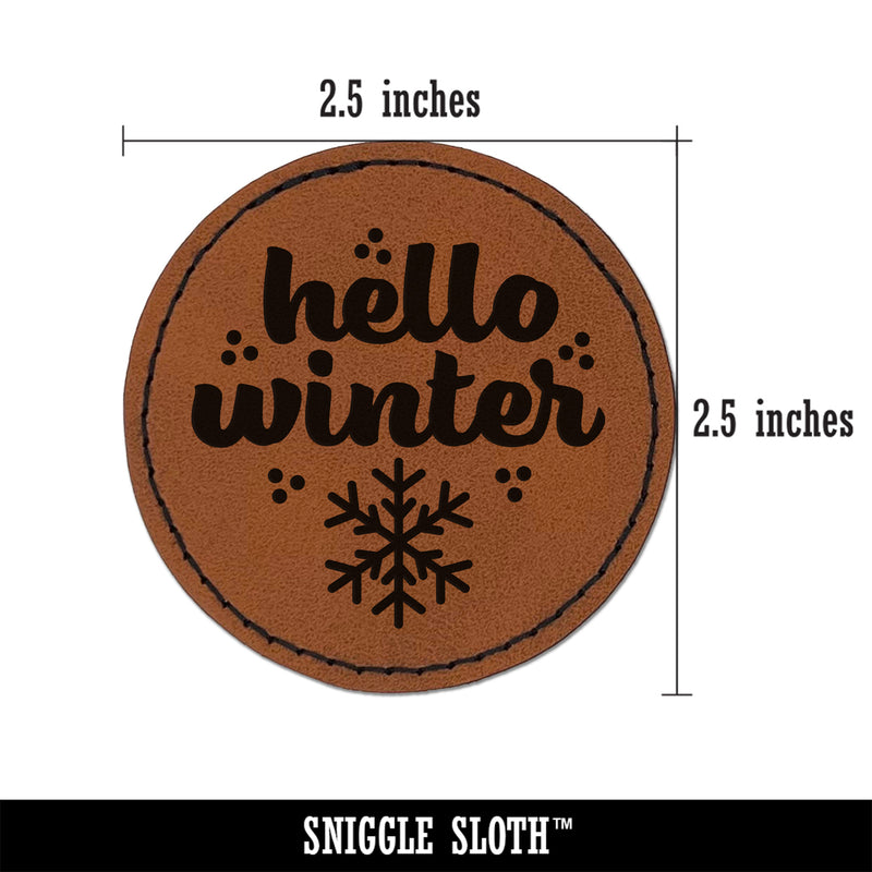 Hello Winter Round Iron-On Engraved Faux Leather Patch Applique - 2.5"