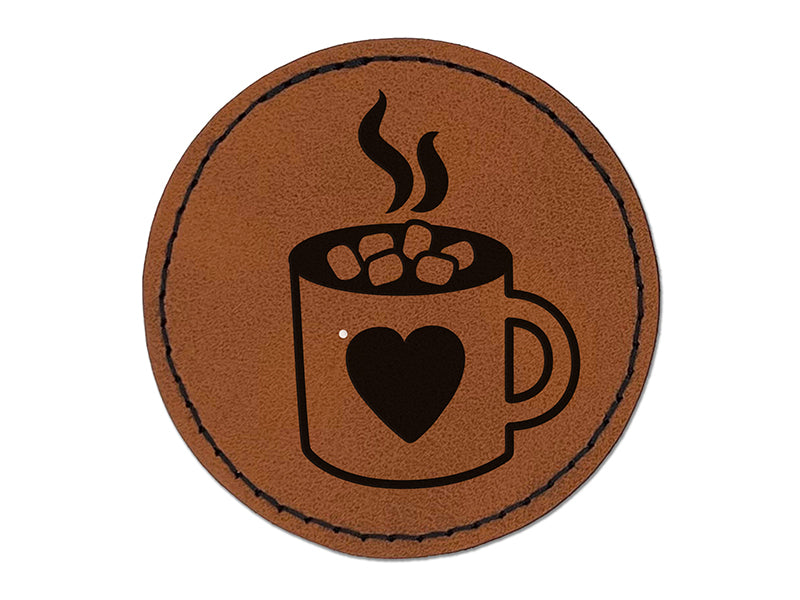 Hot Chocolate with Marshmallows Heart Mug Round Iron-On Engraved Faux Leather Patch Applique - 2.5"