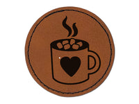 Hot Chocolate with Marshmallows Heart Mug Round Iron-On Engraved Faux Leather Patch Applique - 2.5"