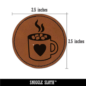 Hot Chocolate with Marshmallows Heart Mug Round Iron-On Engraved Faux Leather Patch Applique - 2.5"