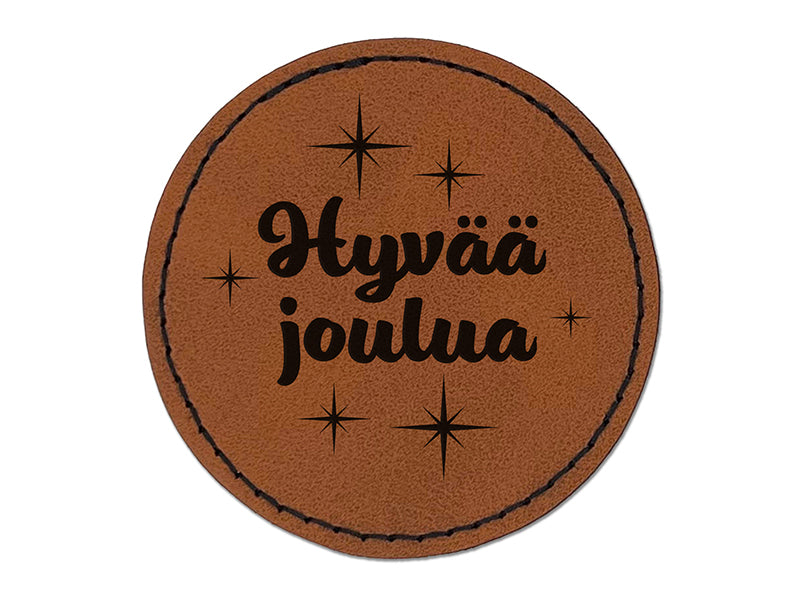 Hyvaa Joulua Merry Christmas Finnish Starburst Round Iron-On Engraved Faux Leather Patch Applique - 2.5"