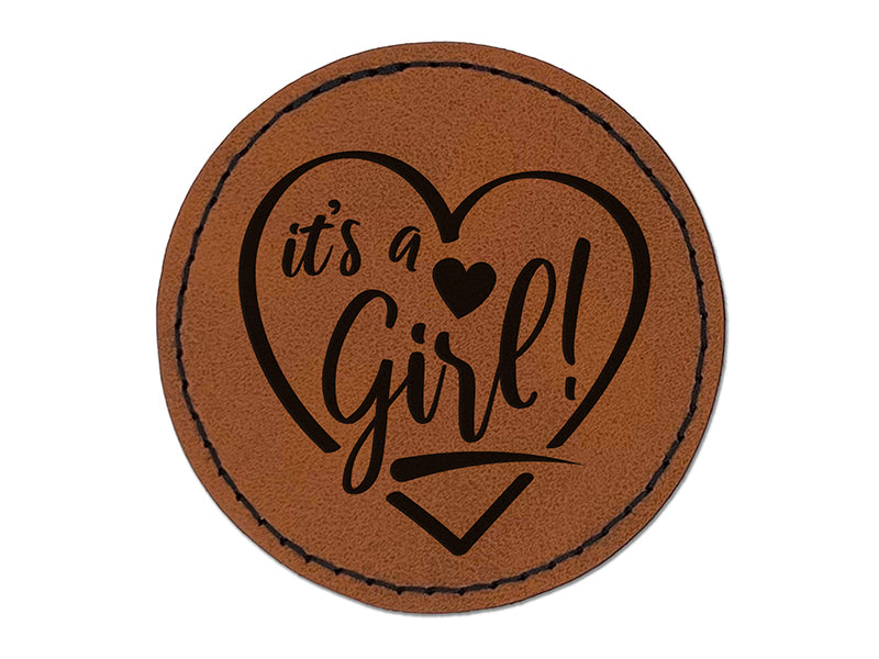 It's a Girl Baby Shower Round Iron-On Engraved Faux Leather Patch Applique - 2.5"