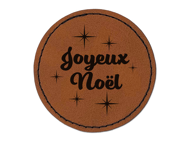 Joyeux Noel Merry Christmas French Starburst Round Iron-On Engraved Faux Leather Patch Applique - 2.5"