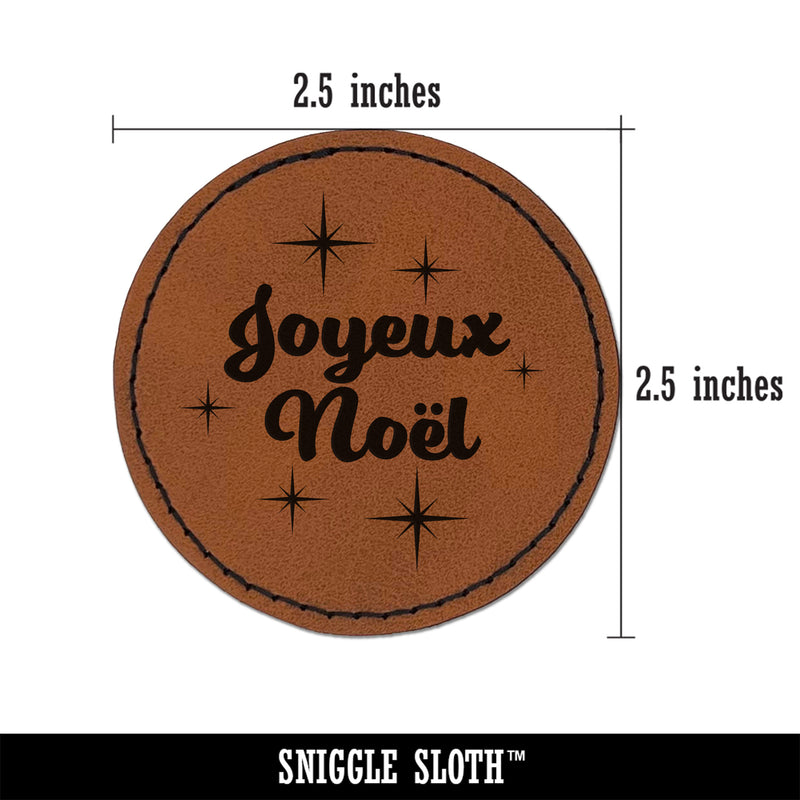 Joyeux Noel Merry Christmas French Starburst Round Iron-On Engraved Faux Leather Patch Applique - 2.5"