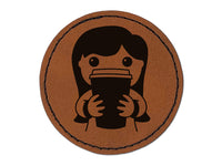 Latte Girl Coffee Round Iron-On Engraved Faux Leather Patch Applique - 2.5"