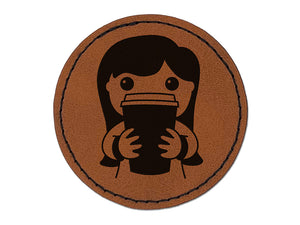 Latte Girl Coffee Round Iron-On Engraved Faux Leather Patch Applique - 2.5"