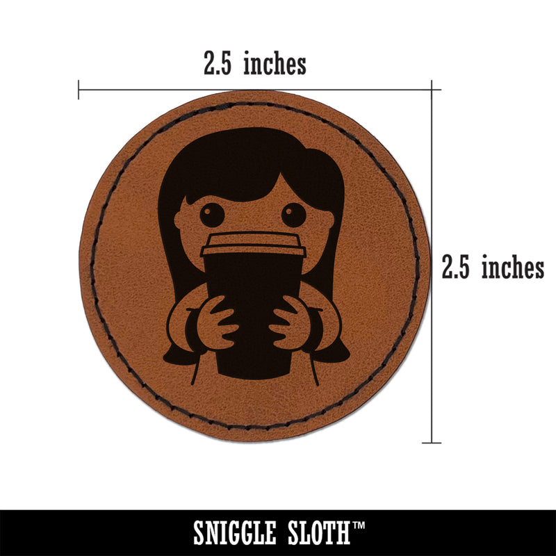 Latte Girl Coffee Round Iron-On Engraved Faux Leather Patch Applique - 2.5"