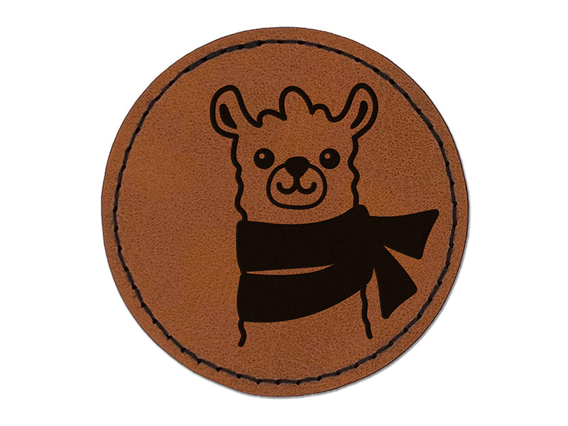 Llama with Scarf Round Iron-On Engraved Faux Leather Patch Applique - 2.5"