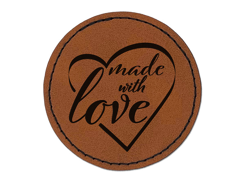 Made with Love in Heart Round Iron-On Engraved Faux Leather Patch Applique - 2.5"