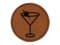 Martini Cocktail with Olive Round Iron-On Engraved Faux Leather Patch Applique - 2.5"