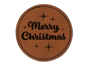 Merry Christmas Starburst Round Iron-On Engraved Faux Leather Patch Applique - 2.5"