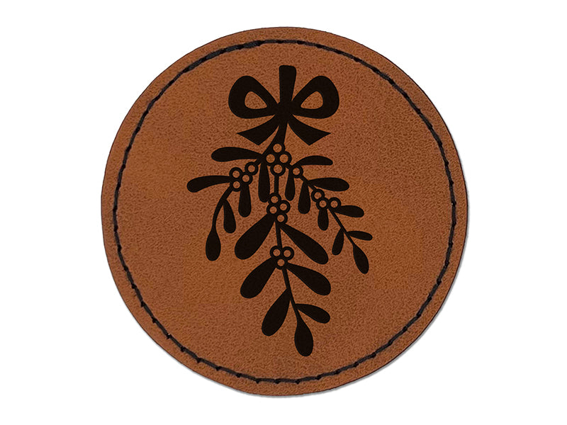 Mistletoe Merry Christmas Xmas Round Iron-On Engraved Faux Leather Patch Applique - 2.5"