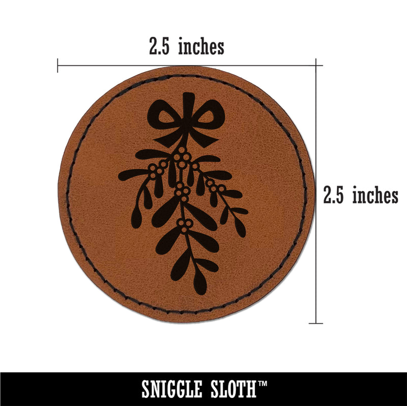 Mistletoe Merry Christmas Xmas Round Iron-On Engraved Faux Leather Patch Applique - 2.5"